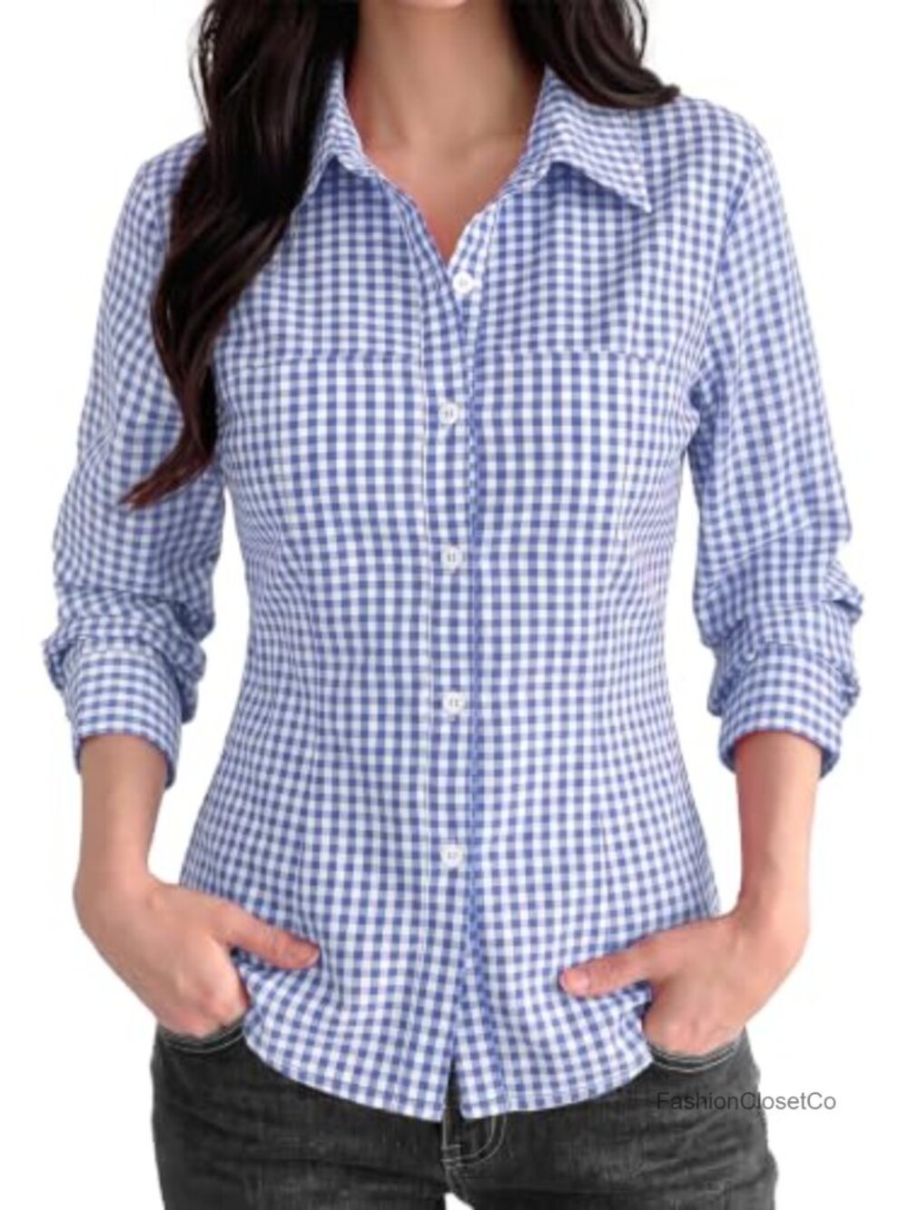Women's Gingham Button Down Shirt Long Sleeve Tie Back Blouse